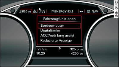 Driver information system: Calling up the Vehicle functions menu